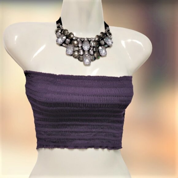 Purple Sexy Crop Top Strapless Tube Top Smocked Stretchy Summer Bandeau - NEW - Picture 12 of 13